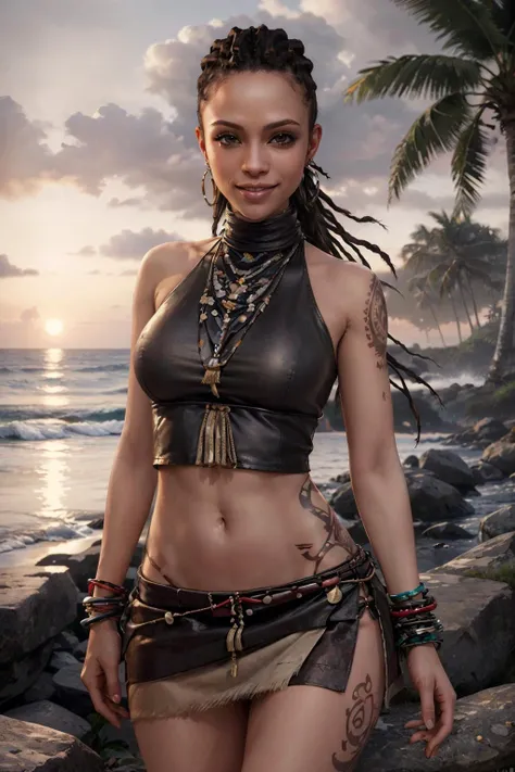 CitraFar, dark skin,tattoo, jewelry,crop top, midriff, tribal clothes,miniskirt, long dreads, ponytail, looking at viewer, smiling, 
outside, beach, dusk, ocean, extreme detail, hdr,realistic detail,<lora:CitraFar:.7>