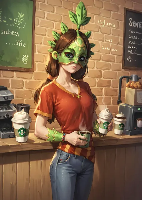 a woman with a green mask and a red shirt holding a cup of coffee