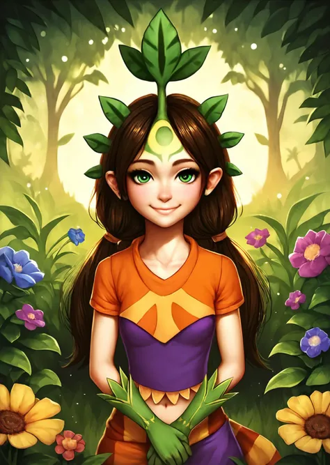 a girl with a green head and orange shirt standing in a forest