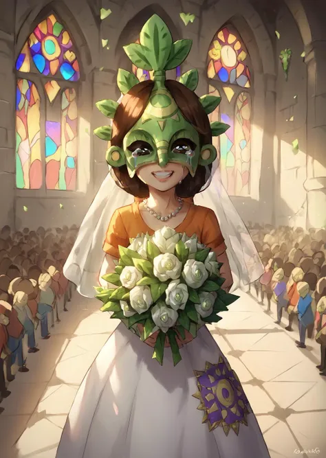 a cartoon picture of a woman in a wedding dress holding a bouquet