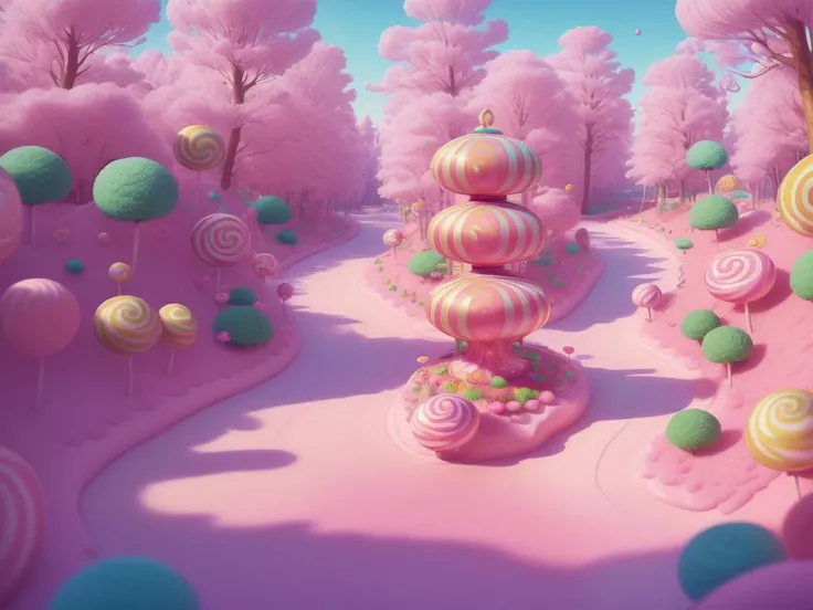 (Masterpiece, best quality:1.3), highly detailed, fantasy, , 8k, C4ndyL4ndAI, candy land, dynamic, cinematic, ultra-detailed, full background, fantasy, illustration, drip, sparkle, pancake:1.3), syrup, glitter, scenery, ((no humans)), drizzle, beautiful, (...