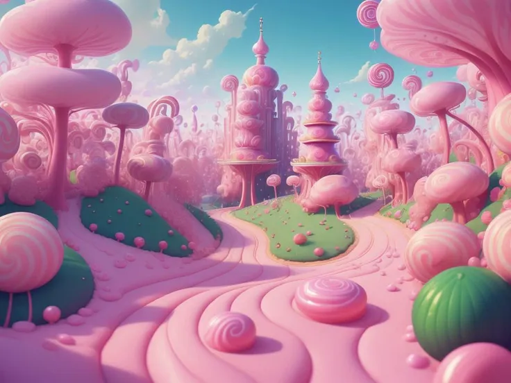 a close up of a pink and green candy land with a castle in the background