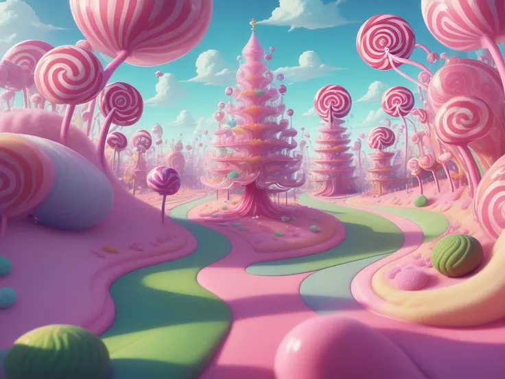 (Masterpiece, best quality:1.3), highly detailed, fantasy, , 8k, C4ndyL4ndAI, candy land, dynamic, cinematic, ultra-detailed, full background, fantasy, illustration, drip, sparkle, pancake:1.3), syrup, glitter, scenery, ((no humans)), drizzle, beautiful, (...
