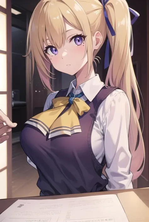 maikawakami, <lora:maikawakamitest:1>, mai kawakami, blonde hair, hair ribbon, long hair, mole, mole under eye, ribbon, side ponytail, (purple eyes:1.2),
BREAK school uniform, skirt, vest, yellow vest,
BREAK indoors, classroom,
BREAK looking at viewer,
BRE...
