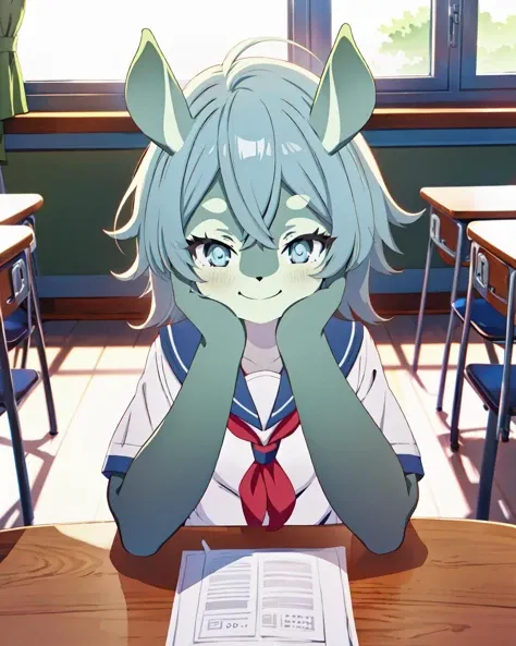 anime girl sitting at a desk with her hands on her face