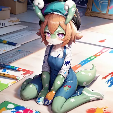 1girl, melusine, green skin, purple eyes, orange hair, curly ears, stubby tail, blue beret, blue apron, white shirt, paint on clothes, 
 <lora:MelusineV3:1>