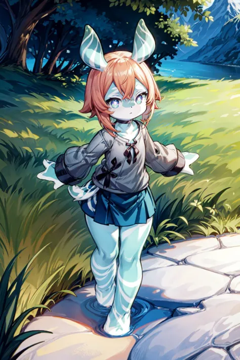 thick outlines, comics, photorealistic, 1girl, solo, small girl, flat chest, running, <lora:MelusineV2:1>, melusine, light green skin, orange hair, black sweater, skirt, stubby tail, straight ears, outdoors, lake, detailed background, detailed face, detail...