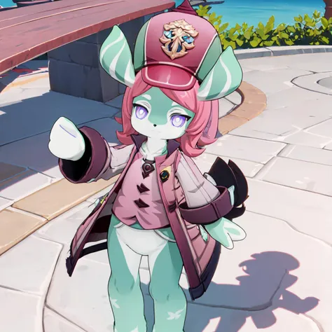 full body, 1girl, melusine, (green skin), (purple eyes), (pink hair), pointed ears, pink helmet, pink jacket, pink vest, waving, smile
 <lora:MelusineV1:1>