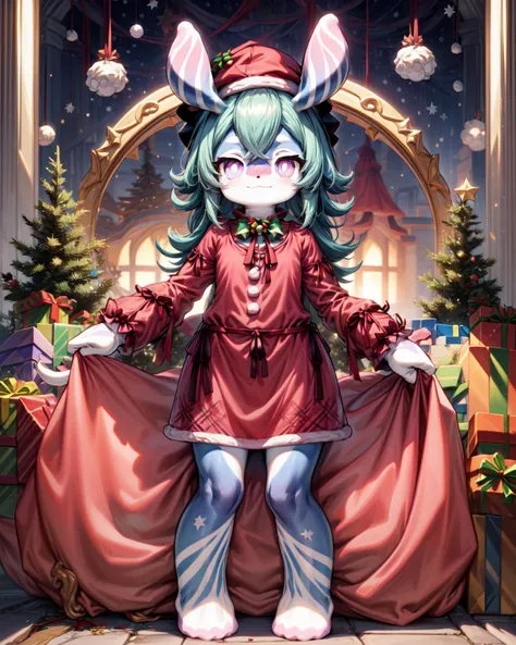 (masterpiece), (best quality), (wideshot), (full body), 1girl, melusine, purple skin, purple eyes, green hair, straight ears, thin tail, smile, happy, (santa hat, santa dress:1.5), fireplace, Christmas tree, presents,
<lora:AddDetail:1>  <lora:MelusineV2:1...