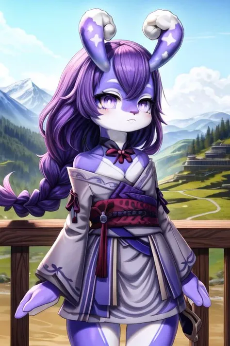 1girl, solo, masterpiece, ultra detailed, <lora:more_details:0.7>, outdoors, scenery, <lora:MelusineV2:1>, melusine, purple skin, curly ears, long braided ponytail, purple eyes, purple hair, raiden shogun, <lora:raidenShogunLora_raidenShogun:0.8>