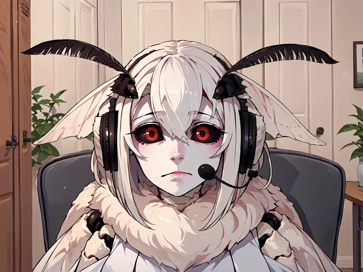 anime girl with headphones sitting in a chair with a plant in the background