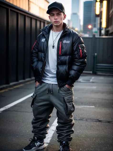 arafed man in a black jacket and grey pants standing on a street