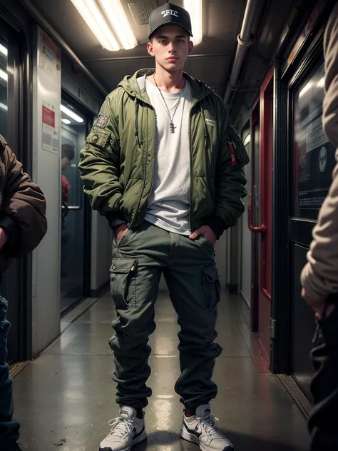 (photo realistic:1.5), wide angle, long shot, (1male:1.5), suburban chav, scally, proll, smirk, olive green bomber jacket, sweatpants, sneakers, bulging crotch, base cap, (hands in pockets:1.5), heavy necklace, wristwatch, standing inside a train, nighttim...