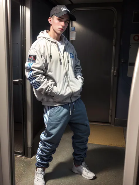 (photo realistic:1.5), wide angle, long shot, (1male:1.5), suburban chav, scally, proll, smirk, white bomber jacket, sweatpants, sneakers, bulging crotch, base cap, (hands in pockets:1.5), heavy necklace, wristwatch, standing inside a train, nighttime, blu...