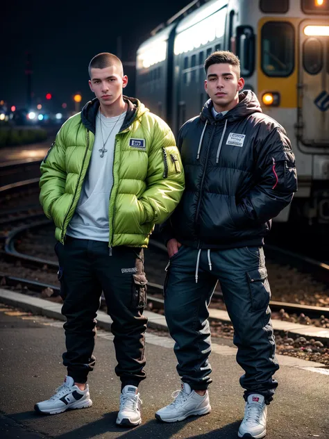 two men standing next to each other on a train track