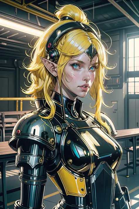 (masterpiece, best_quality, ultra-detailed, immaculate:1.3), epic, illustration, elf fighter  , sexy armor, pauldrons, bright yellow hair with peach highlights, Flipped In Hair, arm support, in a cyberpunk hellscape, under the  bleachers, bombshell hair, s...