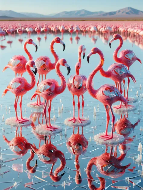 A whimsical scene where a flock of ais-bkglass flamingos stand in a mirror-like lake, their reflections creating an infinite glassy labyrinth beneath them. <lora:Broken_Glass_Style_SDXL:1>