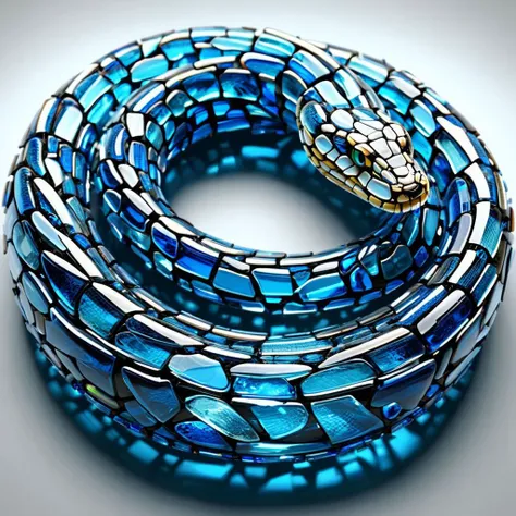 a close up of a snake wrapped in blue glass with a gold snake on it's back