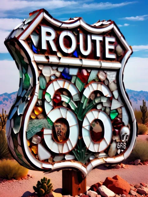 A Route 66 sign made entirely from ais-bkglass, with the desert background, sharp focus, <lora:Broken_Glass_Style_SDXL:1>