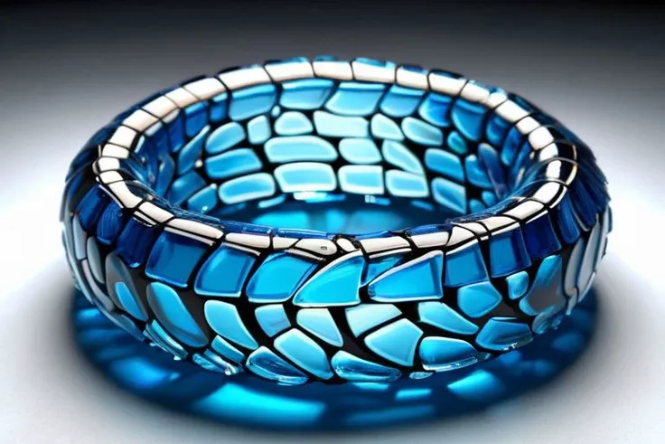 a close up of a blue glass bracelet with a silver ring