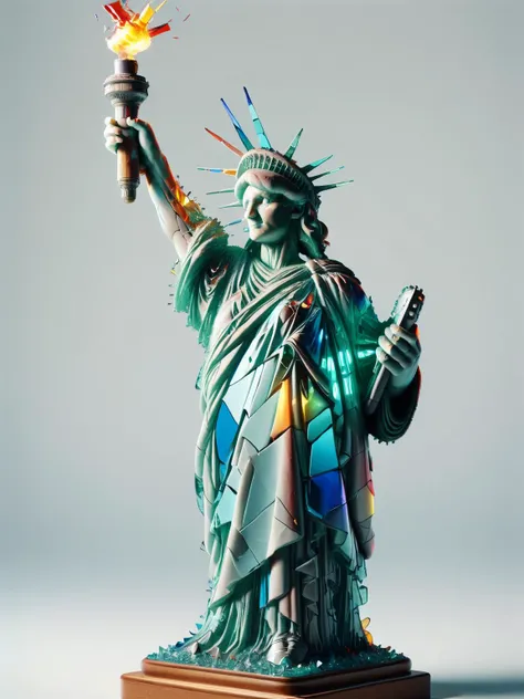 A comedic take on the Statue of Liberty, where the iconic figure is humorously depicted as being made of ais-bkglass, holding a torch that lights up with a spectrum of colors. <lora:Broken_Glass_Style_SDXL:1>