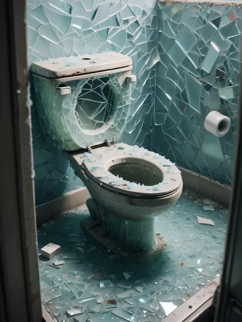 a close up of a broken toilet in a bathroom with a broken glass wall