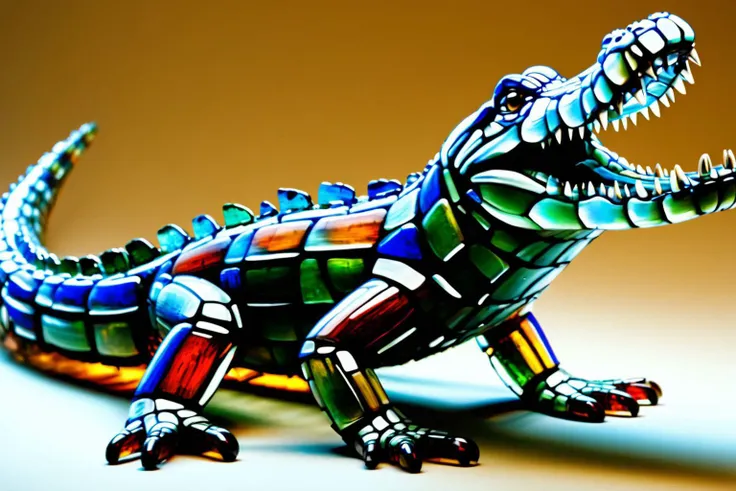 brightly colored alligator statue on white surface with brown background