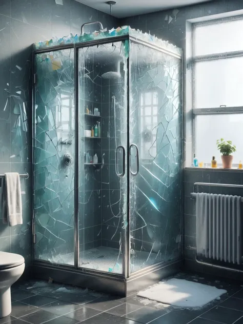 a close up of a bathroom with a broken glass shower door