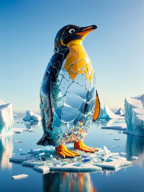 penguin with a broken glass globe on its head on ice