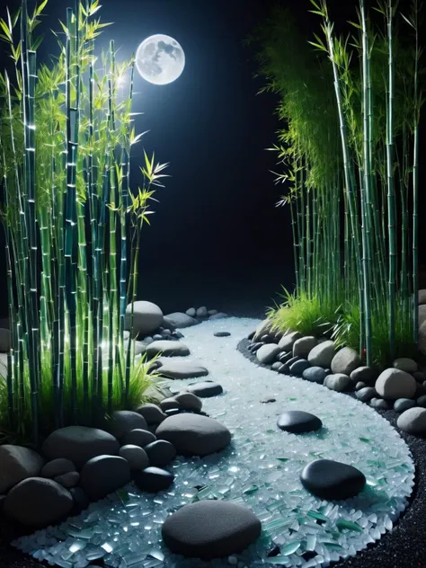 A serene Zen garden with ais-bkglass bamboo stalks swaying gently, the ais-bkglass gravel beneath them a sea of crystalline splendor in the moonlight. <lora:Broken_Glass_Style_SDXL:1>