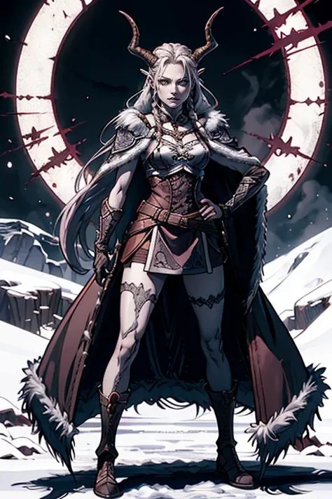 a woman in a horned outfit standing in front of a moon