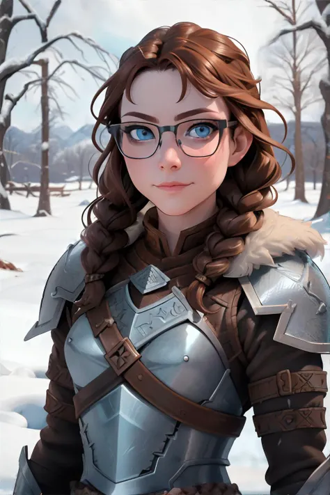 <lora:viking-freckledvixon:0.7>, V1k1ng, furs, leather armor, braids, winter,  <lora:bzl:0.8>, bzl_test, short wavy brown hair, (grey|blue) eyes, glasses, (freckles:0.4), closed smile || skin, hair, clothing, masterpiece, 8k, high resolution, shallow depth...