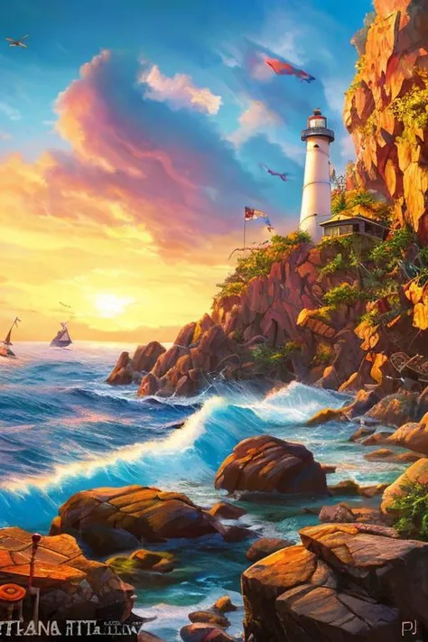 a painting of a lighthouse on a rocky cliff with a sailboat in the ocean