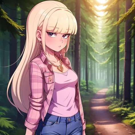 <lora:add_detail:.8>, <lora:PacificaV2:.65> ,<lyco:LycoGoodHands-beta2:.6>, masterpiece, highest quality, pacifica, long blonde hair, blunt bangs, gold necklace, earrings, denim jeans, ((pink flannel jacket)),  small breasts, forest scene, dusk