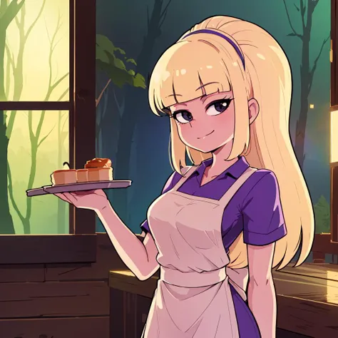 anime girl holding a plate with a piece of cake on it