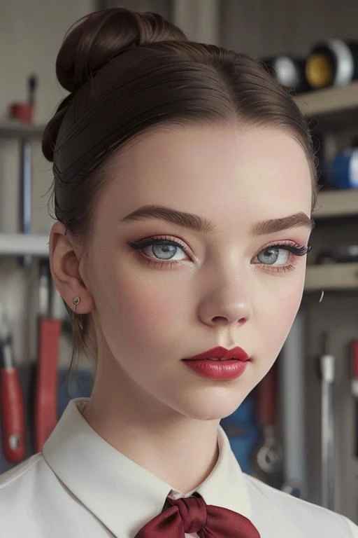 <lora:anyataylorjoy-07:0.4>, anyataylorjoy,  ,photo of a woman, ((hair up, hair in bun):1.1) ((bowtie, white shirt):1.2), ((garage, tools, workbench):1.2),((red lipstick, eyeliner, eye shadow, blush)), ((best quality, masterpiece, extreme details, high res...