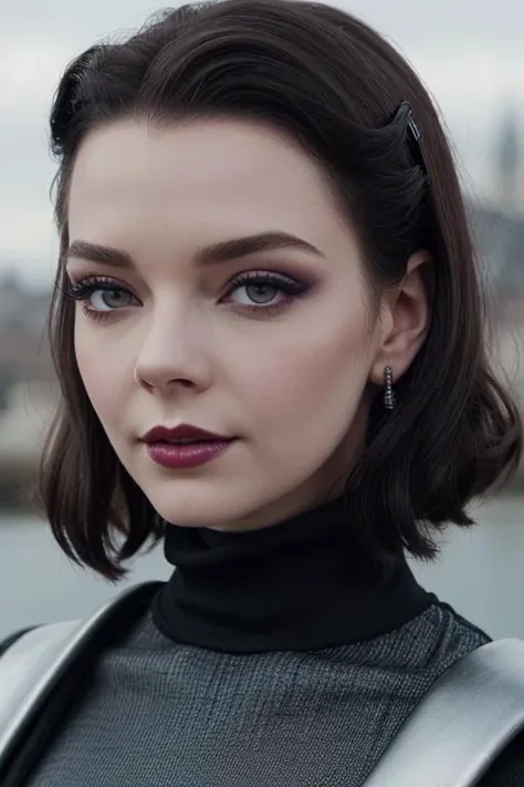 <lora:anyataylorjoy-07:0.4>, anyataylorjoy,  , photo of a woman, ((dark brown hair, short hair, fifties hairdo, 50s pinup hairstyle)), ((outdoors, detailed fantasy city, turtleneck bodysuit, cape)),smiling, ((dark lipstick, heavy eyeliner, heavy eye shadow...