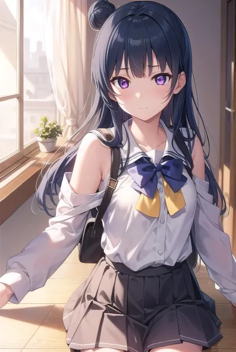 yoshikotsushima, <lyco:yoshikotsushima-lyco-nochekaiser:1>, 
yoshiko tsushima, blue hair, hair bun, (purple eyes:1.1), single side bun, bangs, long hair, (small breast:1.2),
BREAK bow, bowtie, buttons, grey skirt, long sleeves, pleated skirt, school unifor...