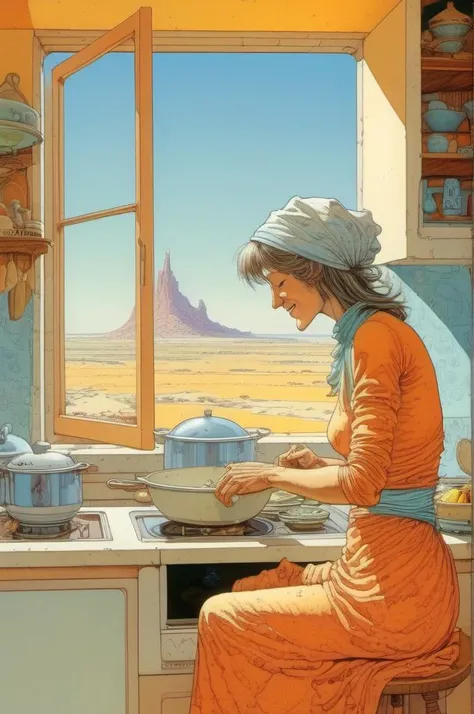 <lora:Moebius (Jean Giraud) Style:1> Moebius (Jean Giraud) Style , A highly detailed mother in her kitchen preparing meal, window sunny day, happy, smiling,