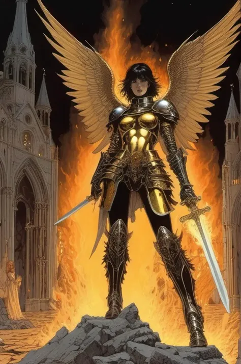 <lora:Moebius (Jean Giraud) Style:1> Moebius (Jean Giraud) Style , epic female warrior on fire ablaze in black and gold armor with angel wings, horror christian cathedral, nighttime, dungeons and dragons,