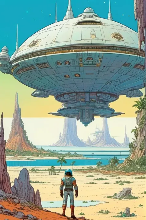 <lora:Moebius (Jean Giraud) Style:1> Moebius (Jean Giraud) Style , huge square spaceship landing on top of (paradise island:1.3),sunny day, space opera,