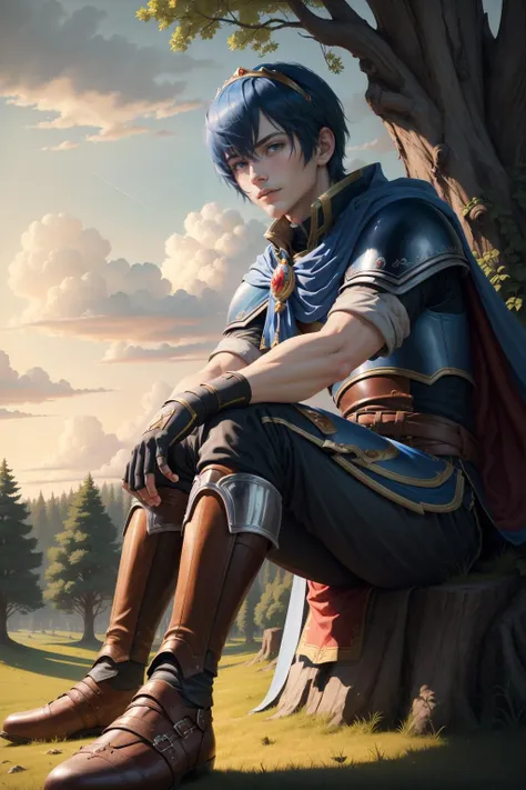 masterpiece, best quality, marth, tiara, cape, armor, blue tunic, fingerless gloves, belt, pants, boots, sitting, wall, field, trees, clouds, twilight sky <lora:marth-nvwls-v1-000010:0.8>