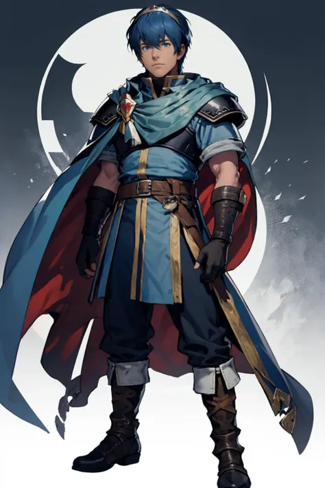 a man in a blue outfit and a red cape holding a sword