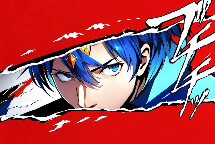 a close up of a person with blue hair and a red background