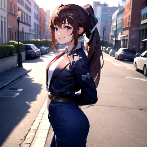 <lora:tokino_sora_v20:0.7>, (masterpiece, best quality), absurdres, 1girl, perfect anatomy, solo, ponytail, very long hair, beautiful face, coat, long sleeves, high-waist pants, outdoors, city, smile, (arms behind back:1.2), looking at viewer<lora:colorfix...