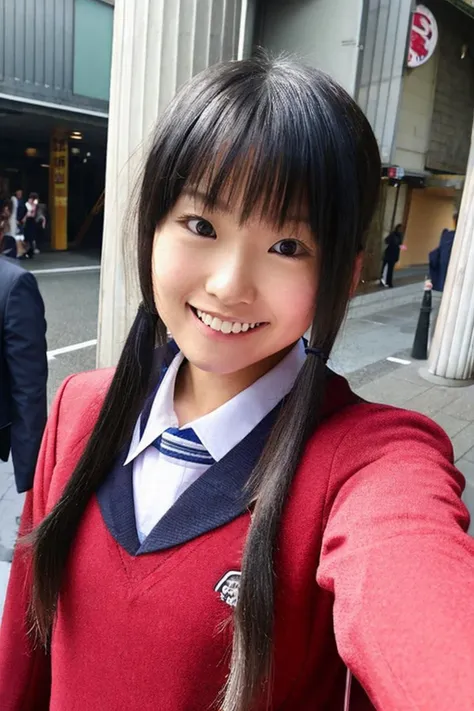 arafed asian girl in a red sweater and blue tie taking a selfie