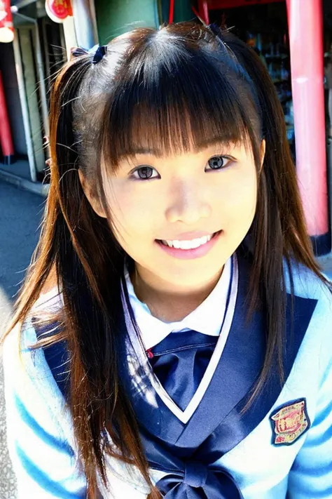 arafed asian girl in a school uniform smiling for a picture