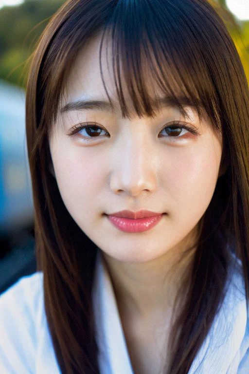 a close up of a woman with long hair and a white shirt