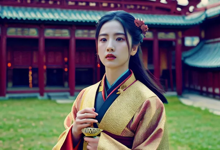 arafed woman in a traditional chinese dress standing in a courtyard