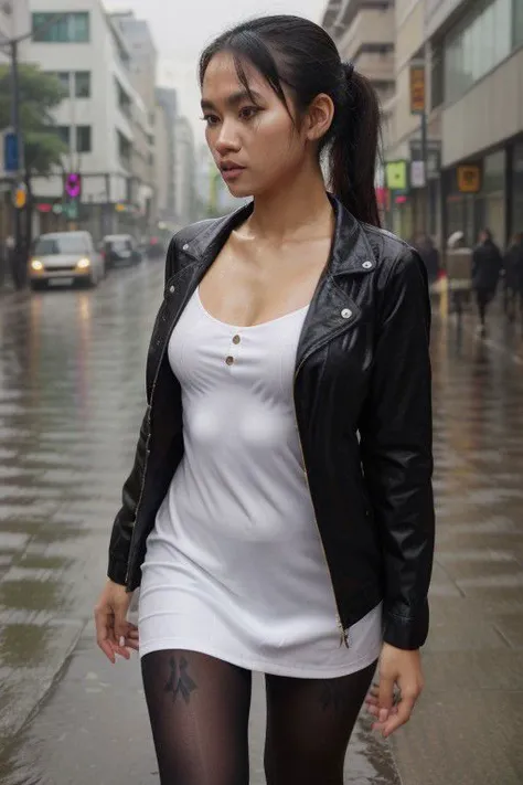 indonesian girl , walking in the street when its raining, wet hair,
,  very long legs, extremely small micro wet dress, ponytail...